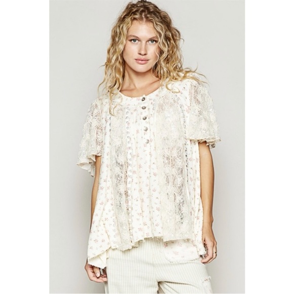 NEW POL Floral Lace Pearl Clear Sequined Trimmed Top Sz Small - Picture 8 of 12